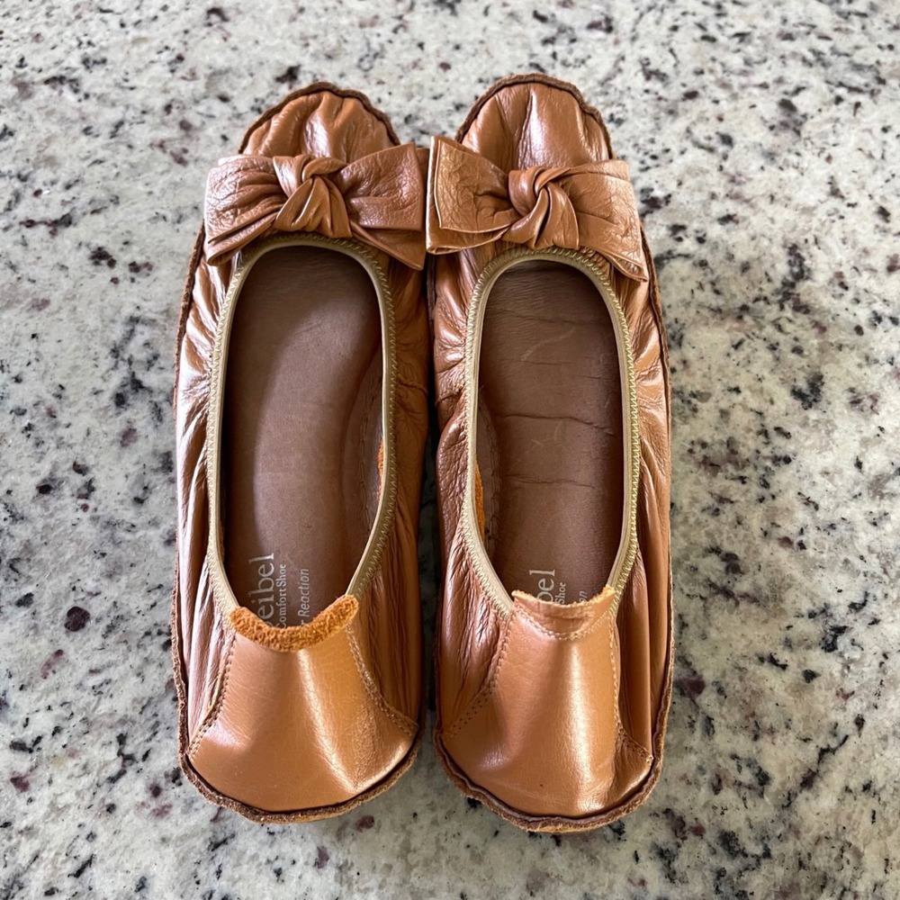 Josef Seibel Ballet Flats Womens 41 Tan Leather Bow Double Air Reaction Comfort - Picture 3 of 6